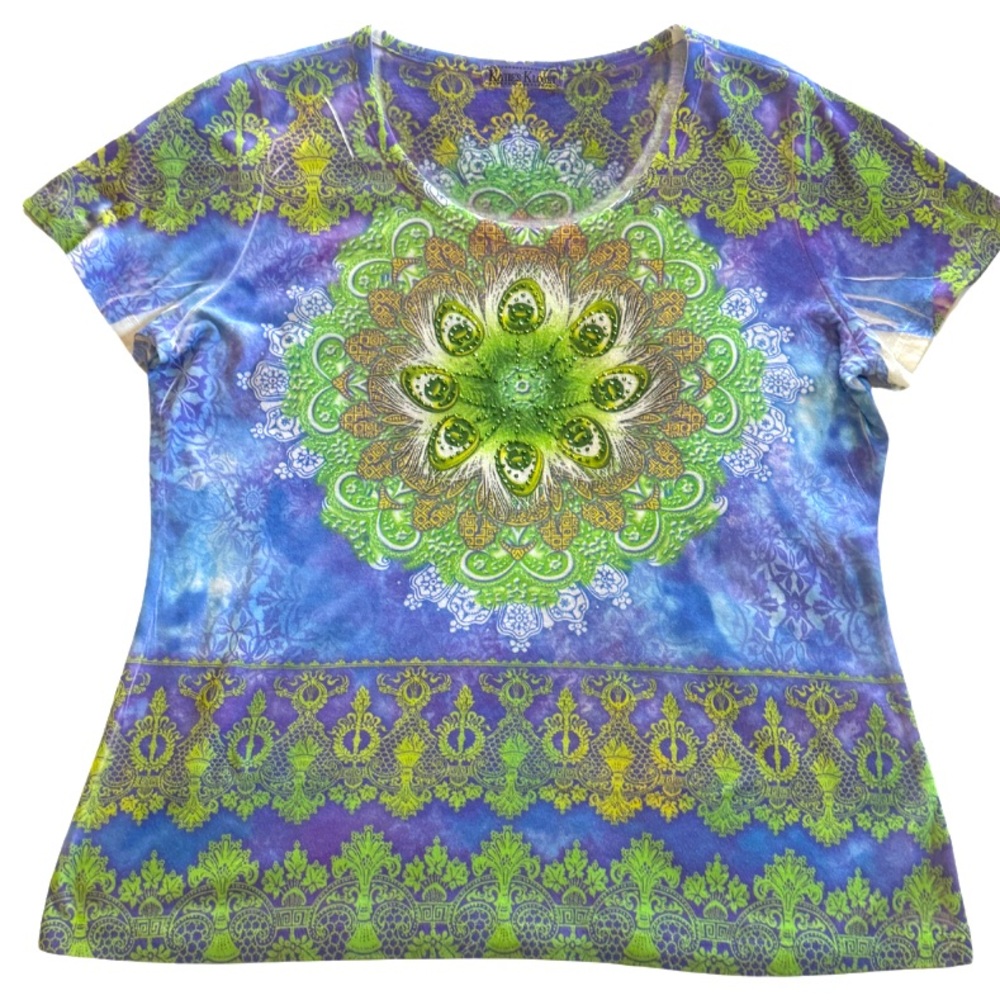 Katie’s Kloset Printed Tee with Beads, purple/Green, size L